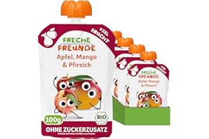 ‎FRECHE FREUNDE FRECHE FREUNDE Bio Quetschie Apfel, Mango & Pfirsich, Fruchtmus mit Obst im Quetschbeutel für Babys ab dem 6. Monat, vegan, 6er Pack (6 x 100g)
