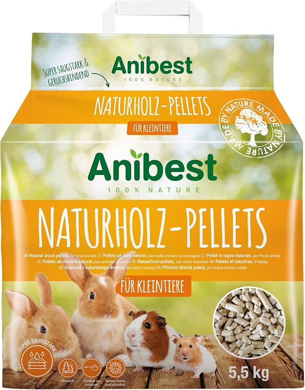 Anibest Kleintierpellets, 100 % natürliche Einstreu für Kaninchen, Hamster, Meerschweinchen und Co, saugfähige & geruchsbindende Holzpellets, leicht dosierbare Unterstreu, 5,5 kg/ 10 l