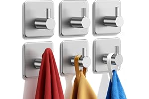 Auxmir 6 Pack Self Adhesive Hooks, Max 10kg Heavy Duty Sticky Hooks, Stainless Stick on Towel Hook, Nail Free Adhesive Hook for Kitchen, Bathroom, Cupboards, Office, Doors, Walls, Coats, Keys
