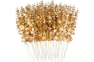 FEQO 72 Pcs Eucalyptus Stems Artificial Eucalyptus Leaves 15 Inch Faux Eucalyptuses Branches for Wedding Bouquet Home Decor, Gold