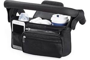 NRAMWELL Baby Pushchair Organiser, Pram Bag Stroller Organizer with Detachable Zippered Pocket & Adjustable Shoulder Strap, Pram Buggy Storage Bag with 3 Insulated Cup Holder, Universal Fit All Buggy Models