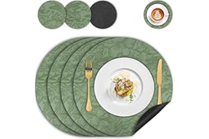 IAGORYUE Placemats and Coaster Sets 4, Round Floral Leather Place Mats 34cm, Heat Resistant Non-Slip Washable, Dual-Sided Two-Color Kitchen Coffee Table Mats for Home Dining Table Restaurant Hotel(Green Black)