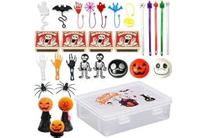 MORAINJAY Zestaw 26 zabawek na Halloween, pudełko zapałek ze sztucznymi pająkami, elastyczne szkielety, figurki do skakania, piłka antystresowa, antystresowa, pudełko prezentowe z naklejkami na