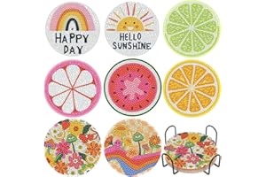 SOEWIOU 8 Pcs Diamond Painting Coasters with Holder, Diamond Art Car Cup Coaster 5D DIY Diamond Fruit Glass Art Coasters Kits Round Full Drill Diamond Art Craft Supplies for Adults Kids,Beginners