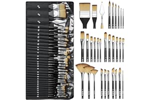 Nicpro 30 Piezas Pinceles, Paint Brushes con espátula y Rollo de Tela, Pinceles para Manualidades, Pintura acrílica, óleo, Acuarela y Gouache. Materiales de Arte para Artistas y Principiantes
