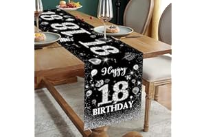 DOMGOGE 18th Birthday Table Runner Black Silver Happy 18th Birthday Table Runner for 18 Years Old Boys Men Women Him Her Celebration Birthday Party Non-Slip Dining Table Linen Cloth Decorations, 180x35cm