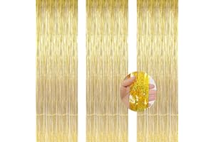 AILEXI 3 Pack 3.2ft*8.2ft Metallic Tinsel Curtains Foil Fringe Shimmer Streamers Curtain Door Window Decoration for Party Supplies - Laser Gold