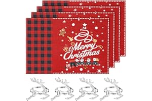 Lvefyti Platzset Weihnachten,4 Stück Tischset Weihnachten Abwaschbar&4 Stück Weihnachten Rentier Serviettenringe,Tischdeko Weihnachten für Tisch und Weihnachtsdekoration (Rot)