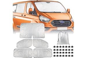 Opaltool Internal Thermal Windscreen Covers for Transit Custom 2012-2024, 5PCS Waterproof UV-Proof Internal Thermal Blind Set with Black Back, Foldable Screen Cover Silver Blind Wrap, 98% Blackout