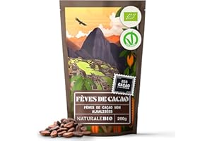 NaturaleBio Fèves de Cacao Cru Bio 200g. Organic Raw Beans. Naturel et pur. Produit dans des régions tropicales par la Plante Theobroma. Source de Magnésium, Manganèse et Phosphore
