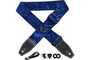 YIKOKO Guitar Strap, 2" Velvet Full Grain Leather End Guitar Straps for Bass, Electric and Acoustic Guitars, Complimentary Strap Button, 1 Pair of Strap Locks and 4 Guitar Plectrums - Dark Navy Blue