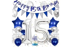 Hierein 15th Birthday Decorations for Boys, Silver Blue Balloons Party Decoration With Happy Birthday 15th Banner, Cake Toppers and Triangle Flags, 15 Blue Party Decoration for Him