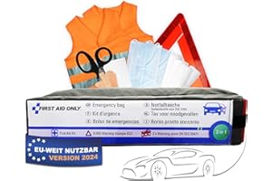 First Aid Only 3-in-1 DIN 13164 Emergency kit for car/Vehicle, Euro Warning Triangle, 2 x EN ISO 20471:2013 Safety Vests, Grey, P-10021