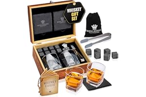 Whisky Geschenkset – Whiskey Gläser, Steine, Untersetzer, Eiszange, Holzkiste, Geschichts- und Rezeptkarten, Samtbeutel – Zubehör Set, Geschenk für Männer, Ehemann, von Royal Reserve
