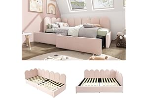 KUAKE Letto singolo imbottito 90x200cm, con cassetti letto contenitore, divano letto diurno con rete a doghe letto per giovani e adulti letto per bambini, Rosa