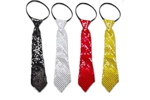 EUPSIIU 4 Pièces Cravate à Paillettes, Noir Argent Cravate avec Élastique, Accessoires à Paillettes pour Homme Femmes, Costume à Paillettes pour Carnaval Fête à thème Danse Disco Banquet