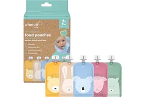 Cherub Baby Refillable Food Pouches 5 Pack 150ml Leakproof Freezer Safe BPA-Free Squeeze Bags for Toddler Baby Snacks Reusable Easy Fillable Animal Printed Pouch for Homemade Smoothies Purees Yoghurt