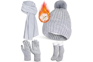GLGHMH 4PCS Winter Beanie Hat Scarf Gloves Set, Pink Black Grey Beige Warm Long Scarf Beanie Hat Thermal Socks Touch Screen Gloves, Winter Thick Set for Women Skiing Outdoor Sports