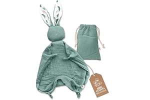 Mikito Lovey Bunny en mousseline de coton bio – Certifié Oeko-TEX et GOTS – Couverture de sécurité et amour – Cadeau unisexe pour confort et rêves