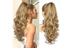 Brikabia Ponytail Extension, 24" Claw Clip in Ponytail Extensions Long Curly Wavy Ponytail Hair Extension Jaw Clip on Pony Tails Natural Hairpiece for Women, Medium Blonde with Blonde Highlights