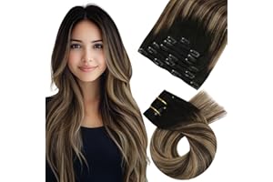 Moresoo Extension Cheveux Naturel Clip Ombre Extension Clip Cheveux Naturel Balayage Noir Naturel à Marron Foncé avec Blond Foncé #1B/4/14 45 cm 7 Pièces 120g