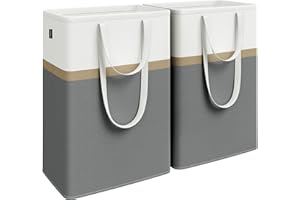 SONGMICS Kosz na pranie, 2 szt., 75 l, składany, z krótkimi i długimi uchwytami, łatwy do przenoszenia i czyszczenia, wolnostojący, do łazienki w sypialni, łupkowoszary LCB208G01