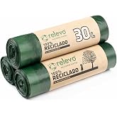 Relevo Green Self-Seal Trash Bags - 30L (W55cm x H60cm), 45 Bags (3 Rolls &times; 15 Bags) | Extra Strong Trash Bags | 100% Recycle