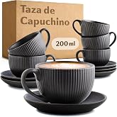 Cosumy Cappuccino Coffee Cup Set 200 ml Black &ndash; 6 Cups with Saucer | Handmade, Thick Ceramic Keeps Coffee Hot, Dishwasher and