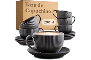 Cosumy Tazas de Capuchino con Platos - 6 Tazas de Café Negra con Asa - 200ml - Diseño único a rayas - Cerámica mate - Apto para lavavajillas