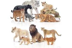 TOYMANY 12PCS Jungle Animals Figure and Tree Trunk, Plastic Zoo Animals Playset Realistic Lion,Tiger,Cheetah,Jaguar,Cougar,Lynx Figurines, Educational Toy Cake Toppers Christmas Birthday Gift for Kids