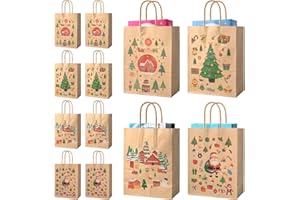 MOROCKET Torebki na prezenty na Boże Narodzenie, 12 sztuk torebek bożonarodzeniowych z papieru typu kraft, mała torebka papierowa, Boże Narodzenie, brązowe torebki papierowe z uchwytem, do opakowania,