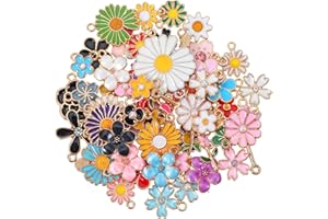 Ouligay 60 Pcs Charms Wholesale Bulk Enamel Charms for Jewellery Making Gold Jewelry Charm for DIY Necklace Bracelet Earring Craft Supplies Flower Accessories Floral Pendants for Mom Women Gifts