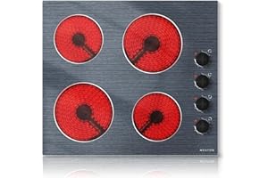 NOXTON Glaskeramikkochfeld 4 Platten mit Knopfsteuerung, Elektrokochfeld 60 cm Einbau, Keramikochfeld 4 Zonen mit 9 Leistungsstufen, 6000W, 220V-240V, Kein Stecker