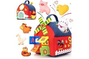 Funsland Giochi Montessori Neonato 6-36 Mesi,Fattoria Animali Bambini Giocattoli, con Specchio,6 Peluche Animali,Gioco Educativi Sensoriale,Suoni Regalo Bambina