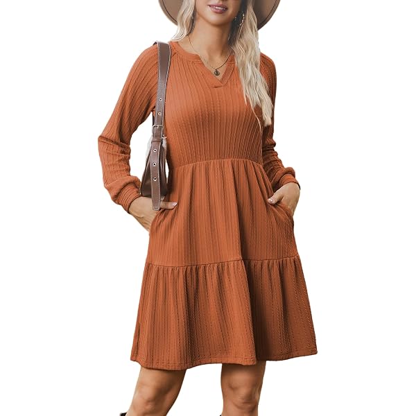 CUPSHE Abito Donna A Balze Girocollo: Maniche Lunghe In Tessuto A Coste, Linea A, Mini Abito Arancione, Taglia M