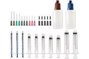 Free Hand Syringe Blunt Tip Needle Set - 10 Syringes, 10 Needles, 10 Caps and 2 Storage Bottles - For E Juice, Oil, Vape, Adhesives, Grease