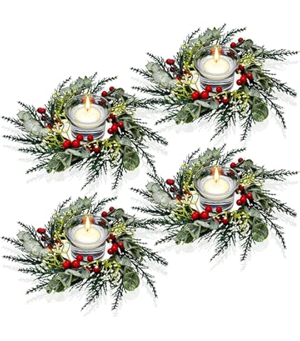 SUFUBAI Lot De 2 Anneaux De Bougie En Forme De Couronne De Fleurs, Petite Couronne De Bougie De Noël Avec Pommes De Pin, Baies Et Fleur Poinsettia Pour Bougies Votives