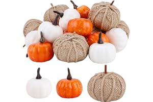 GLAITC Zucche artificiali, mini zucche assortite da 22 pezzi Zucche bianche arancioni Raccolta autunnale Mini zucche finte per decorazioni da tavola per feste di matrimonio del Ringraziamento di Halloween