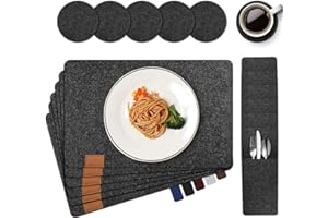 teeppo Tischset Filz Anthrazit, 18er Pack Platzsets Abwaschbar, 6 Hitzebeständige Platzset Filz, 6 Bestecktaschen, 6 Untersetzer-Set, Tischsets für Esstische