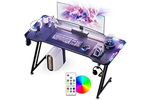 Gamtimer Gaming Desk,120 x 60cm Carbon Fiber Surface RGB Gaming Computer Desk,Remote Control to Adjust 384 Color Modes, with Cup Holder and Headphone Hook - Black