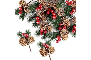 LOKIPA 12 PCS Artificial Picks Christmas Artificial Pine Cones Christmas Pine Needles with Berries for Xmas Flower Arrangements Wreaths Wedding Garden Tree Decorations