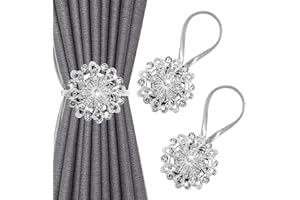 IAGORYUE Curtain Tie Back 2 Pcs Crystal Magnetic TieBacks for Curtains Hold Drapery Holdback Clip with Metal Spring Rope Home Office Hotel Window Treatment Deco No-Install/Drill/Hook - Silver + 2 Pack