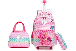 HTgroce Rolling Backpack for Girls it Backpack 16 inch Set 3 in 1 with Lunch Bag Kindergarten Gifts for Kids Girls Backpack Trolley Bag.