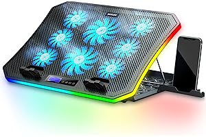 MOOJAY C50 Gaming Base Refrigeradora Portatil, 10 Modos Luces RGB Soporte Refrigeración Portátiles, 8 Alturas Ajustables con 8 Ventiladores y Soporte Teléfono per 15,6-17,3" Laptops - Azul Hielo