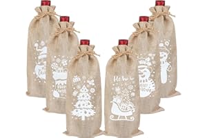 DERAYEE Sac à Bouteilles de Vin en Lin Kaki pour Noël 6PCS, Emballage Cadeau, Lin pour Bouteille