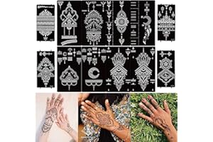 DIVAWOO 12 Blatt Temporäre Tattoos Henna Schablone Set, Indischer Arabischer Hände Hand Tattoo Tempel Aufkleber für Frauen Finger Körper