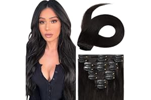 UK FASHION SHOP 8pz Extension Capelli Veri Clip, 35cm Extension Clip Capelli Veri, 60g Remy Umani Naturali Capelli Extension Con Clip #1B Nero Naturale