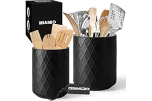 MIAMIO – Pojemnik na Przybory Kuchenne Ceramiczny / Zestaw Organizatorów Kuchennych, Dekoracja Wiejska do Organizacji Blatu i Przechowywania Sztućców, Łyżek Kuchennych (Czarny)