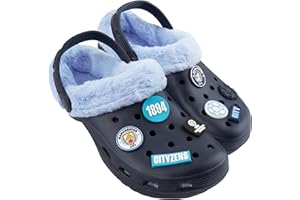 MANCHESTER CITY F.C. Clogs Mens Winter Fleece Lining & Removable Charms, Teens Garden Shoes Slip On Strap, Gifts for Men
