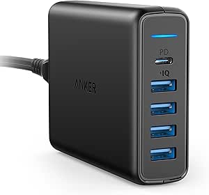 Anker PowerPort 5-Port USB C Ladegerät 60W Wandladegerät, 1-Port mit Power Delivery für MacBook Air 2018, iPad Pro 2018 und 4 PowerIQ Ports für iPhone 11/11 Pro/XR/XS/ X /X/8, Samsung S9/S8 usw.